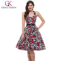 Grace Karin Sexy Ladies Joelho Comprimento Halter Algodão baratos impressos Vintage Retro1950s Vestidos CL6075-12 #